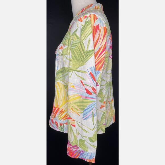 Chico's women button up jacket floral tropical Hawaii long sleeve linen blend 3 - Picture 4 of 11